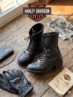 Harley-Davidson Laleen Black Leather Lace-Up Biker Boots
